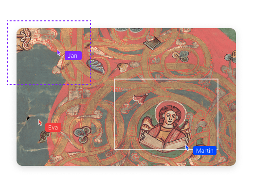 Multiple named cursors moving across a manuscript folio in real time
