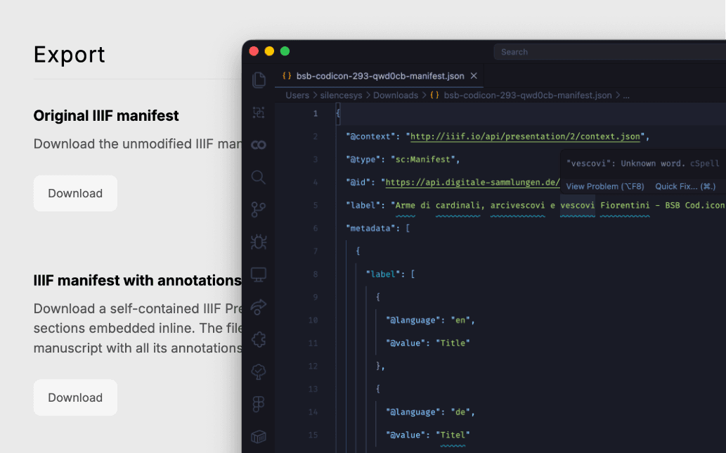 Export panel with W3C annotation structure and PNG download