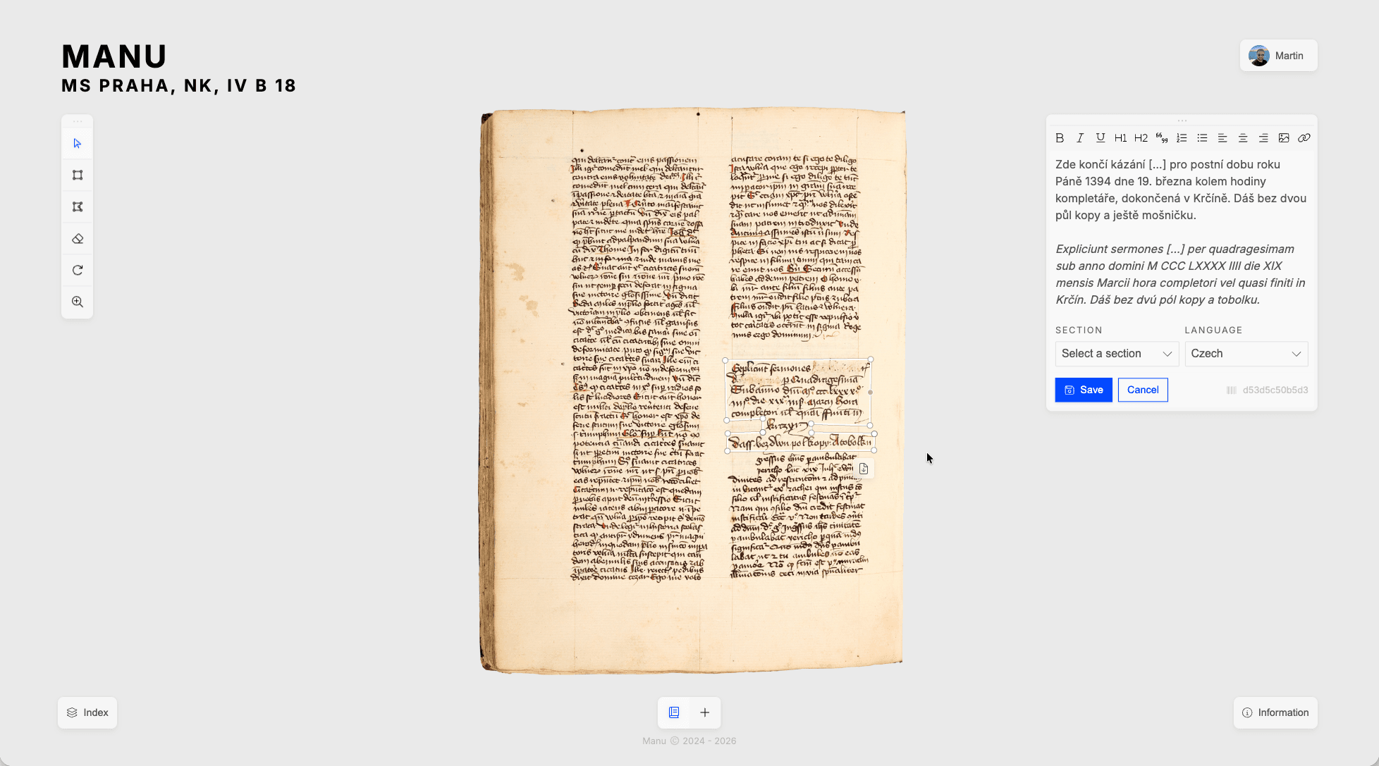 Manu manuscript dashboard showing a grid of manuscript cards