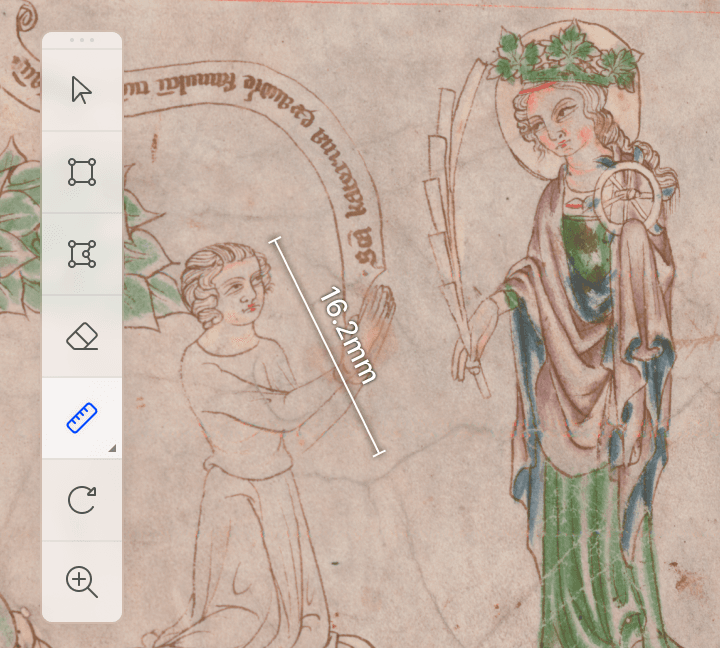 Ruler tool measuring a distance across a manuscript folio
